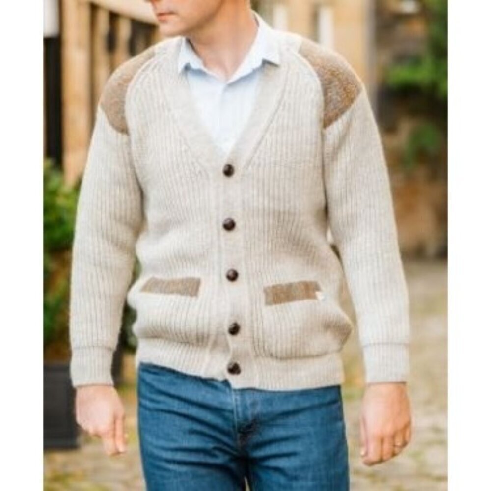 Niffi Ecoose British Wool Knit Cardigan Harris Tweed Patches Men Size Large NWT